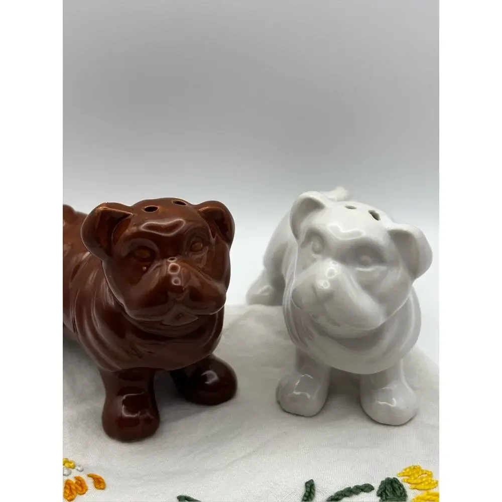 Ceramic Bulldog Salt & Pepper Shaker Set Brown & White Dog Kitchen Decor